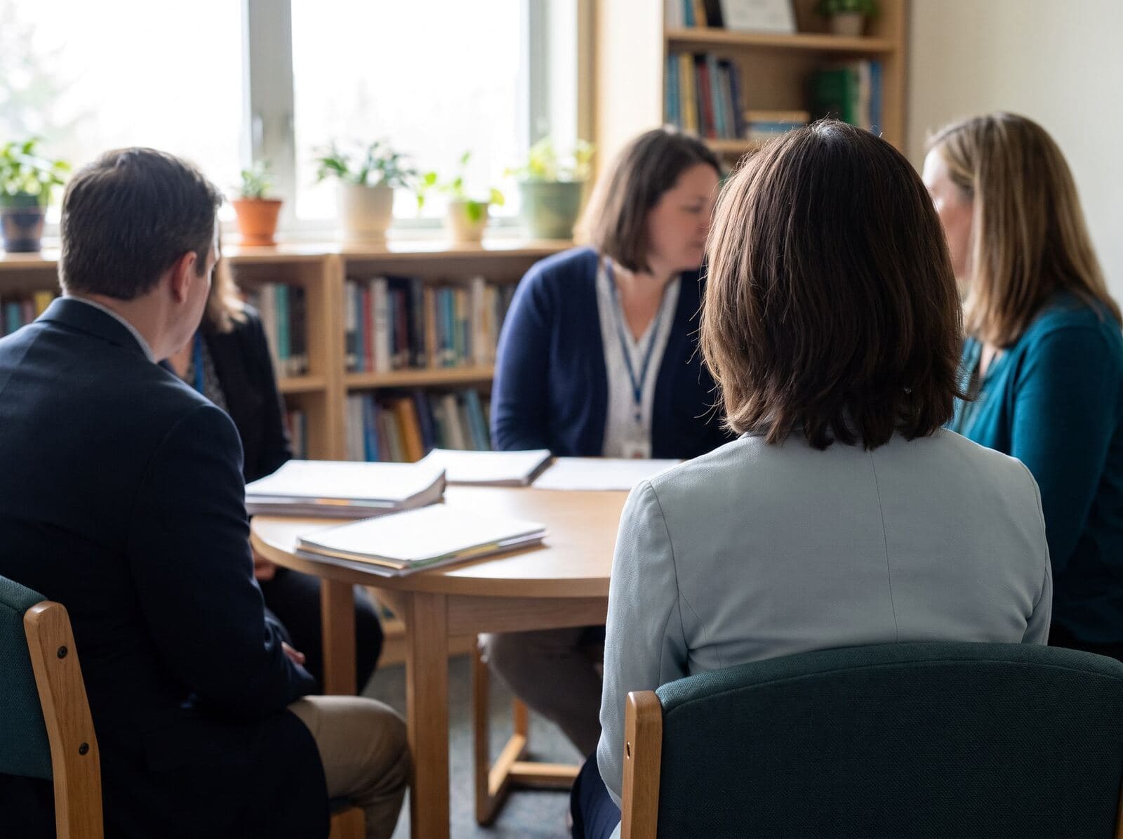 Helles Beratungszimmer einer Schule: ein Elternteil, eine Lehrerin und eine Dolmetscherin am runden Tisch, von hinten gesehen