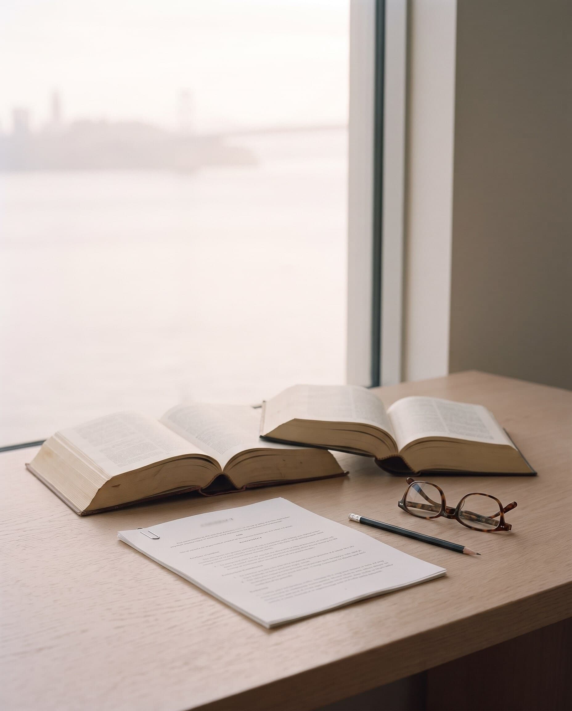 Aufgeschlagene Nachschlagewerke, ein Schriftstück, Brille und Stift auf einem Tisch am Fenster